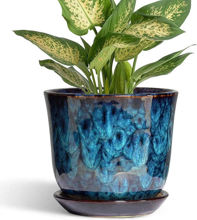 5.6 Inch Plant Pot - Ceramic Pots for Plants with Drainage Hole and Saucer, Round Succulent Flower Orchid Pot for Indoor Outdoor, Modern Planter, Home Room Decor, Gift for Plant Lover, Blue