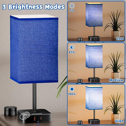 Bedside Lamp & Desk Lamp with Remote, Touch Control, USB-C/A Ports + Outlets | Blue Fabric Shade Nightstand Table Lamp for Bedroom, Living Room Lighting | Cute Modern Boho Lamp with Charging Station