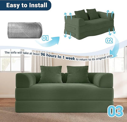 Cloud Boneless Convertible Floor Sofa Bed, 70" 4-in-1 Foldable Compressed Loveseat Lounge Sleeper 2 Seater Couches, High-Density Sponge & Corduroy Fabric Futon Daybed for Living Room Bedroom(Green)