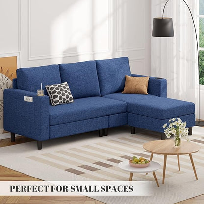Upholstered Sectional Sofa and Couches, 78'' L Shaped 3-seat Sofa forLiving Room, Apartment, Lounge,Bedroom-Washable Covers Convertible Sofas(Linen Fabric,Blue)