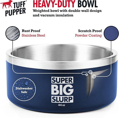 Tuff Pupper Heavy Duty Insulated Dog Bowl | Double Wall Stainless Steel Dog Food Dish | Non-Slip Spill Proof Dishwasher Safe Cat Bowl | Water Dish for Feeding Large Medium Small Pets (44oz, Blue)