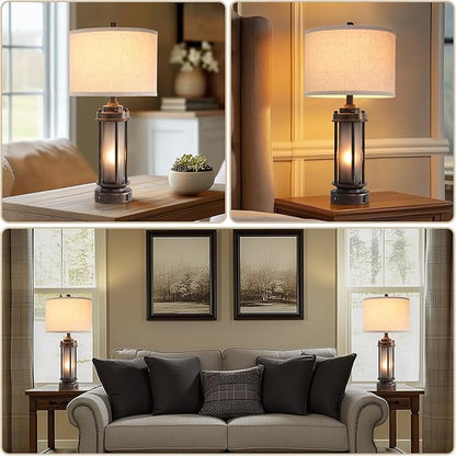 25'' Farmhouse Table Lamp with 2 USB Charging Ports, Rustic Vintage Nightstand Lamp with Frosted Glass Nightlight, Retro Desk Lamp for Living Room Bedroom End Table Entryway, 2 Bulbs Included