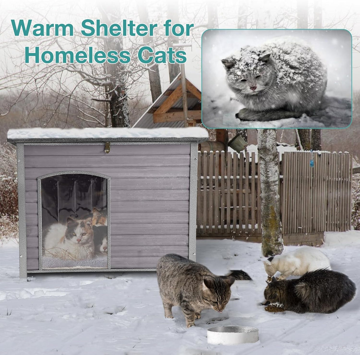 Indoor Outdoor Dog House,Anti-Chewing Iron Frame Dog Kennel,Wood Warm Pets Home,Weatherproof Outside Shelter for Feral Animal 33.5" (L) X 22" (W) X 25.2" (H) Grey