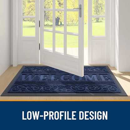 OLANLY Welcome Door Mat Indoor Outdoor Entrance, Heavy Duty Sturdy Front Door Mat, Waterproof All-Weather Doormat, Stain Resistant, Low Profile, Easy Clean Patio Entryway Mat, 59 x 35, Navy Blue