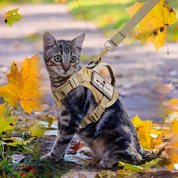 Tactical Cat Harness and Leash, Escape Proof Large Cat Walking Vest,Adjustable Soft Mesh Pet Vest Harness with Control Handle, Molle Patches Khaki