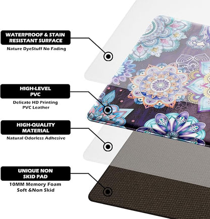Boho Purple Floral Kitchen Rugs Mats for Floor 2 Piece Memory Foam Padded Kitchen Mats Anti Fatigue Non Slip Cushioned Comfort Standing Mat, 17.3x28+17.3x47 Inch