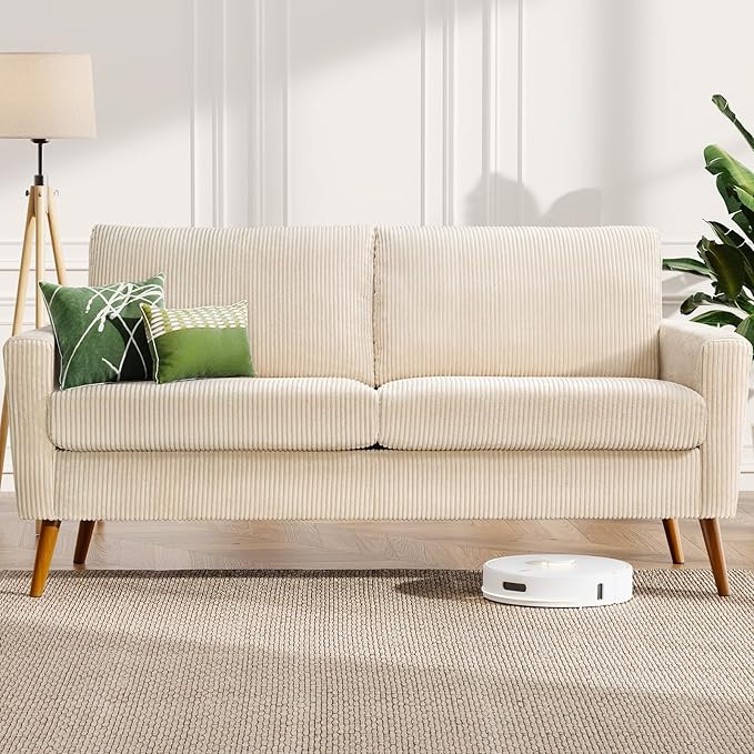 WEUP 68" Loveseat Sofa Beige Corduroy Couch, Mid Century Modern Love Seat Couches for Living Room, Small Loveseat for Bedroom Office, Comfy Sofa with Spring Cushion, Solid Wood, Tool-Free Assembly
