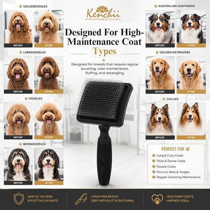 Kenchii Long Pin Slicker Brush for Dogs (Poodles, Doodles, Goldendoodles, Labradoodles), Professional Grooming Brush for Detangling, Fluffing & Dematting, Non-Slip Comfort Handle (Black)