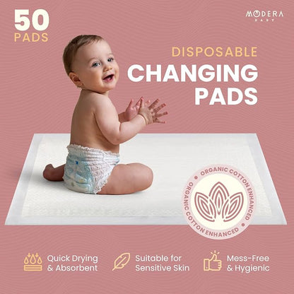 Organic Cotton Enhanced Disposable Changing Pad Liners | XL-Large 18x30 Hypoallergenic Super Soft Ultra Absorbent Waterproof Quilted Underpads for Baby Diaper Table/Travel, Leak Proof Mess Free-50PK