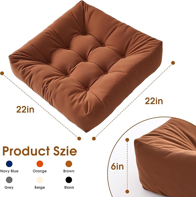 Tikuns Floor Pillows for Adults, 22x22x6 Inch Meditation Cushions, Large Square Sitting Cushion Living Room Memory Foam Pillow for Sitting (1, Brown, 22x22x6 Inch)