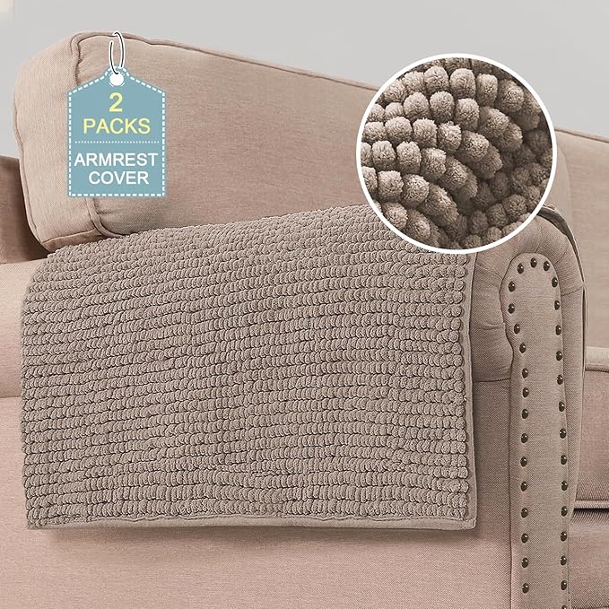 H.VERSAILTEX Plush Chenille Couch Armrest Cover 2 Packs Thick and Soft Sofa Covers Furniture Protector Cover for Pets (27.5" x 27.5", Cuban Sand)