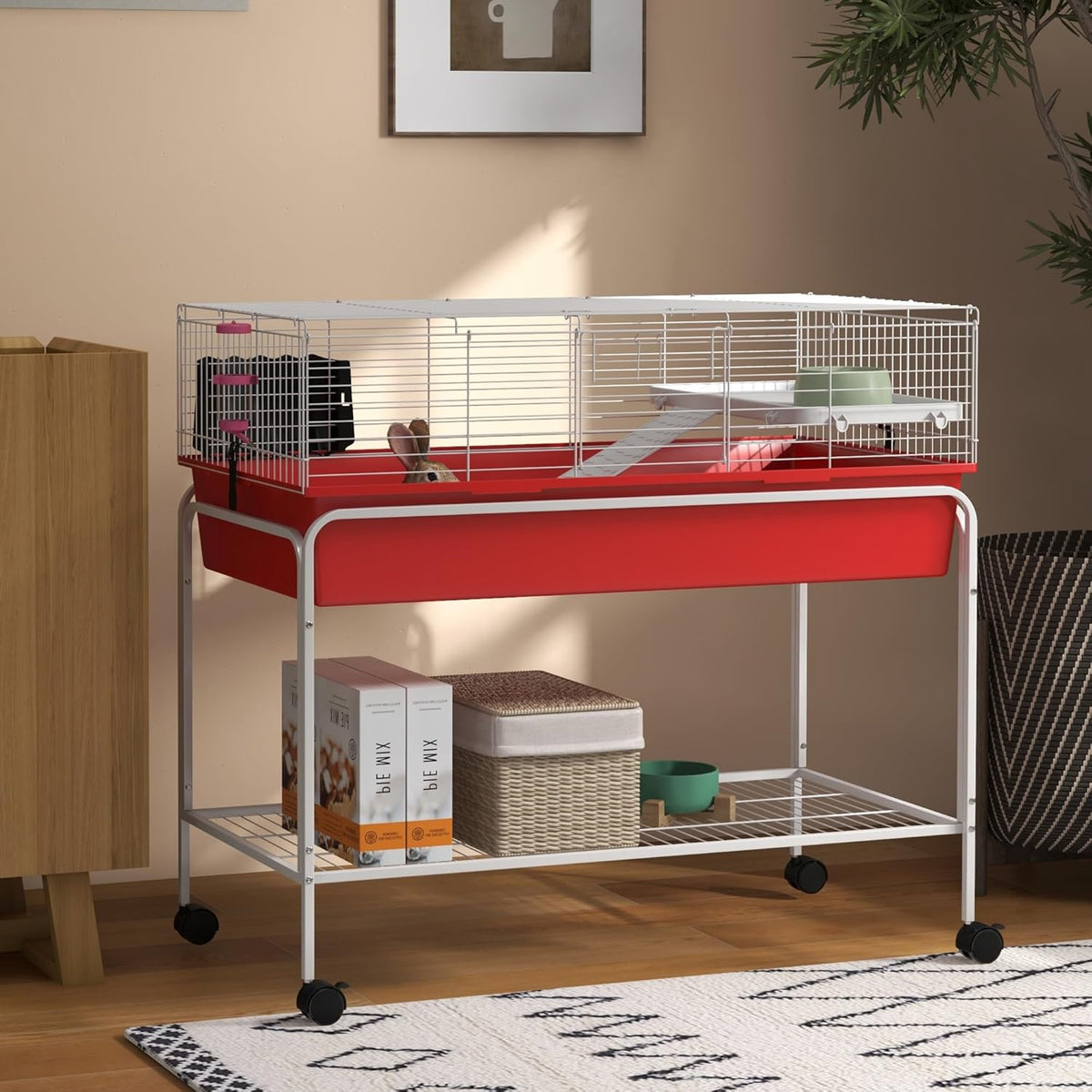 PawHut Two-Story Small Animal Cage Removable from Stand, Guinea Pig Cage with Shelf & Wheels, Pet Habitat for Hedgehog, Chinchilla, Ferret, 39" x 20.5" x 36.5", Red