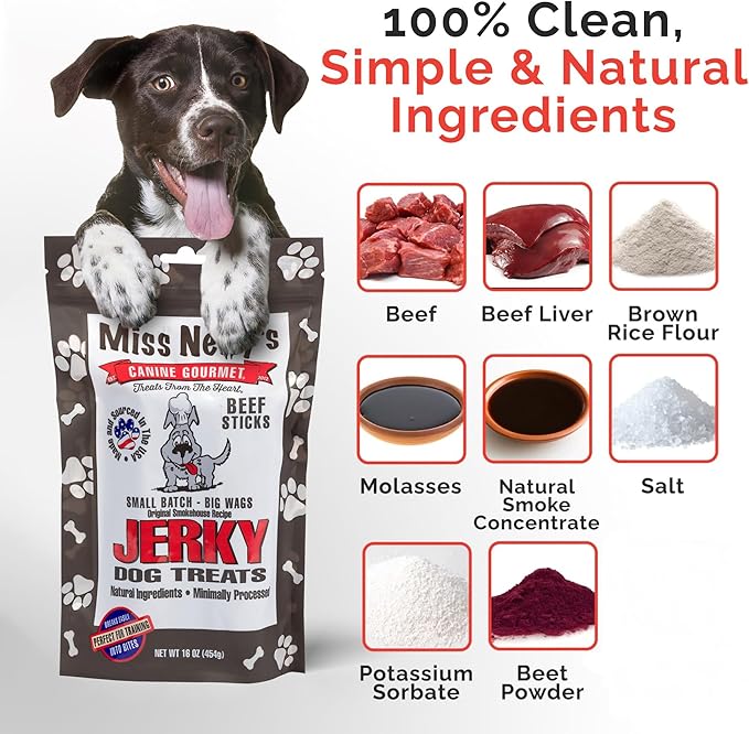 Miss Nelly's- All Natural Beef Jerky Dog Treats Made in USA Only - Beef Jerky Treats for Dogs Original Smoke House Recipe-Minimally Processed Soft Sticks - 16 oz. Bag.