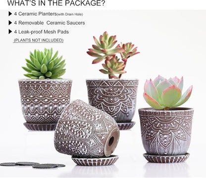Gepege Succulent Pots, 4 Inch Small Indoor Ceramic Planter Pot with Drainage Holes and Saucers for Plants - Set of 4