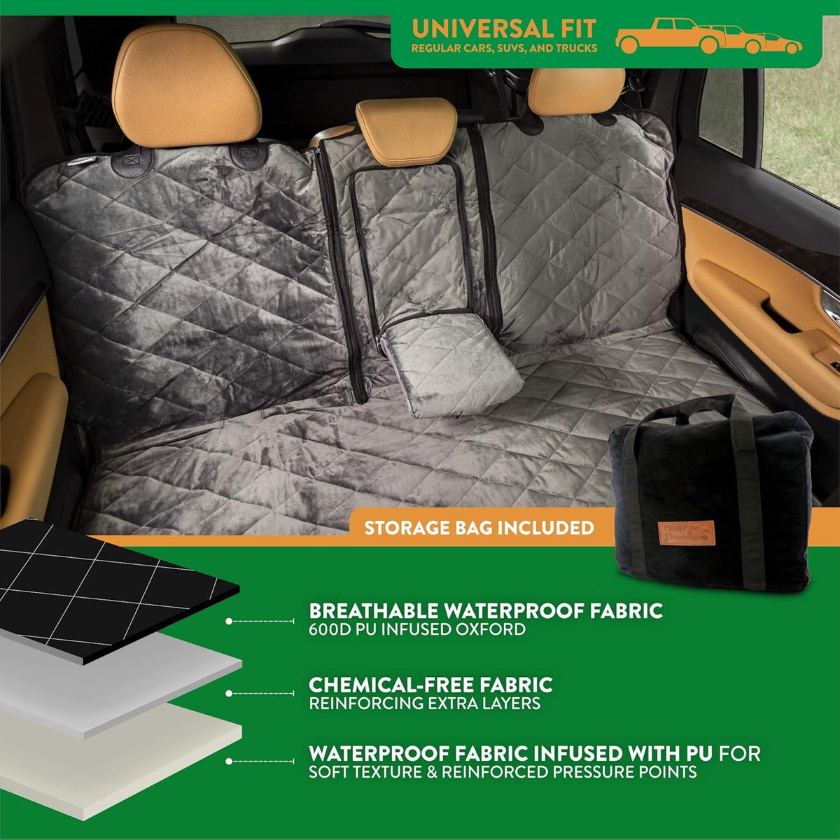 Plush Paws Products Velvet Convertible Rear Seat Cover | Durable Diamond Stitching | Washable & Waterproof Back Seat Cover | Car, Truck & SUV | Nonslip, Tear Resistant Protection | X-Large London Grey