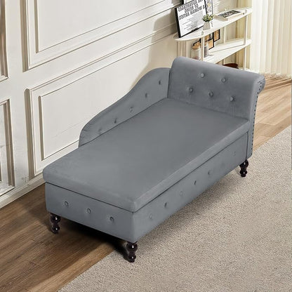 ACMEASE Upholstered Chaise Lounge with Right Armrest & Lumbar Pillow,Button Tufted Lounge Sofa with Storage,Lounge Chair Indoor,Modern Velvet Lounge Chair for Bedroom, Living Room and Office,Grey