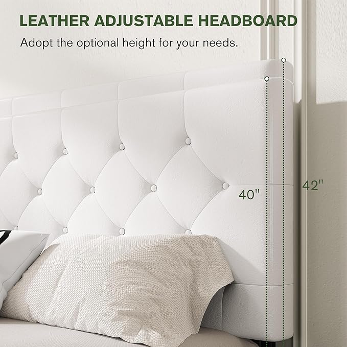 MUTICOR Queen Size Bed Frame with 4 Storage Drawers, Upholstered Platform Bed with Button Tufted Adjustable Headboard, No Box Spring Needed, Easy Assembly, Diamond Tufted, White Leather