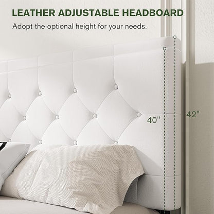 MUTICOR Queen Size Bed Frame with 4 Storage Drawers, Upholstered Platform Bed with Button Tufted Adjustable Headboard, No Box Spring Needed, Easy Assembly, Diamond Tufted, White Leather