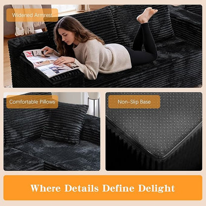 106'' Boneless Couches for Living Room, L Shaped Modular Sectional Sofa with Chaise Lounge, Faux Rabbit Fur & Layered Cushion Deep Seat Cloud Couch, No Assembly (Black, Right Facing Chaise)
