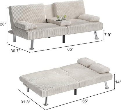 Shahoo Modern Upholstered Convertible Folding Futon Sofa Bed with Removable Armrests, Metal Legs, 2 Cup Holders for Living Room, Beige