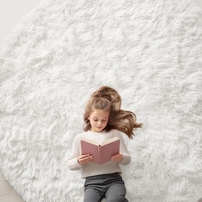 OLANLY Ivory Round Rugs for Bedroom - Machine Washable, 8 ft Circle Area Rugs for Living Room, Soft and Fluffy Shaggy Carpet for Teen Girls and Boys, Nursery Rooms, Dorms, Home Decor Aesthetic