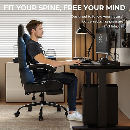 Gaming Chair with Footrest, Ergonomic 330lbs Leather Mesh Chair, Massage Lumbar Support, Adjustable Height & Headrest Pillow, Breathable Seat for Office, Home, Streaming, Long Gaming Sessions, Black
