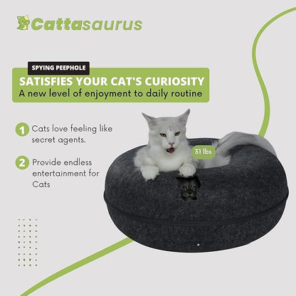 CATTASAURUS Peekaboo Cat Cave for Multiple & Large Cats Up to 30-45 Lbs, Scratch Detachable & Washable Tunnel Bed, Comfy Donut Cat Cave (Dark Gray, Jumbo)