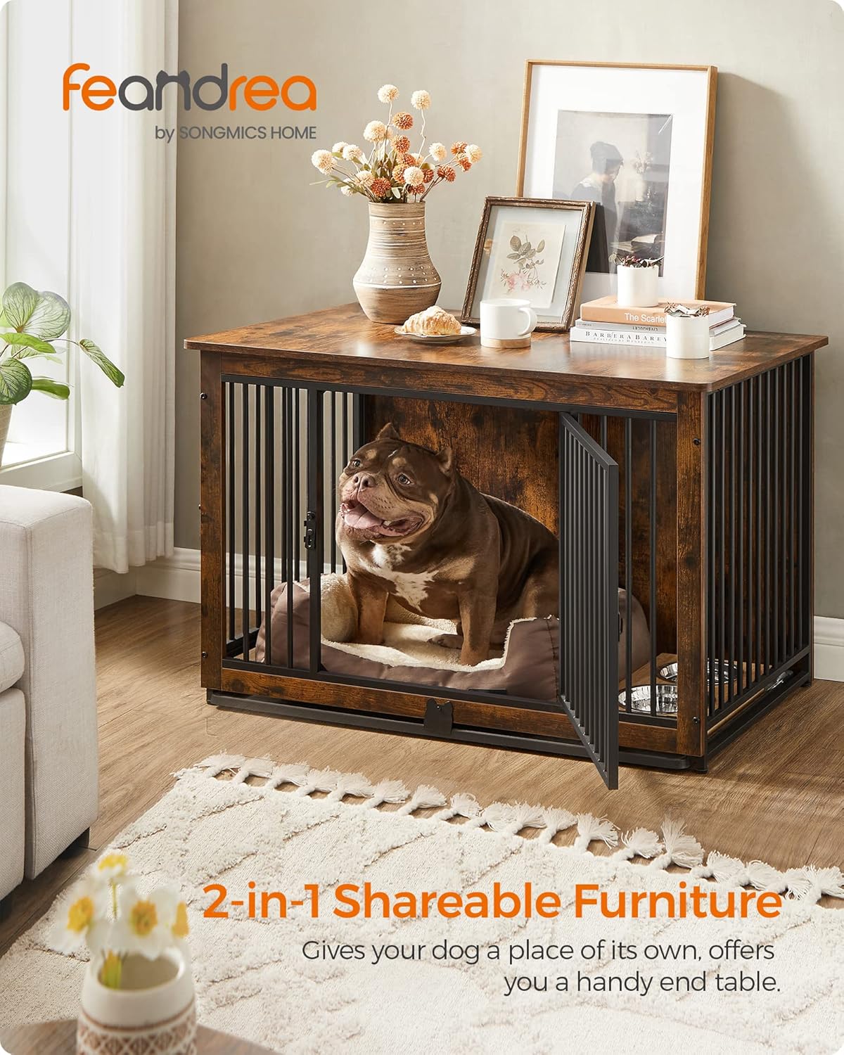 Feandrea Dog Crate Furniture, 38 Inches Dog Kennel for Dogs up to 70 lb, with Removable Tray, Heavy-Duty Dog Cage End Table, Double Doors Dog House, Rustic Brown UPFC013X01