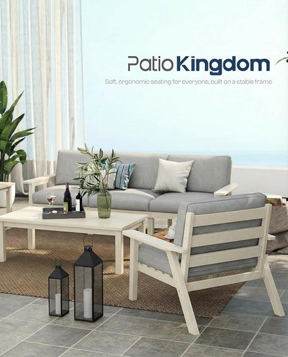 Patio Kingdom Patio Furniture Set 3 Seats, HDPE Outdoor Sectional with Washable Gray Thick Cushions, Coffee Table & Side Table, Patio Conversation Sets for Lawn, Garden, Porch, Balcony (White Frame)