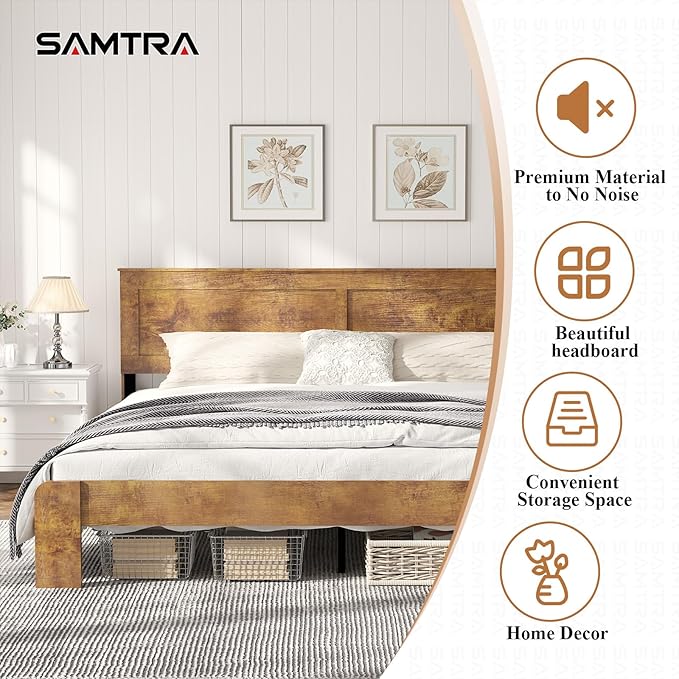 Wooden Bed Frame King Size with Headboard, Farmhouse Platform Bedframe with Wood Slat Support, Sturdy Framework Bed Frame, Easy Assembly (Rustic Brown)