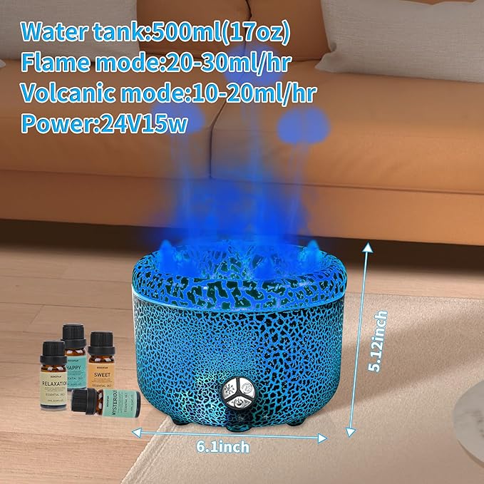 BOHOFAM Essential Oil Diffuser 500ML, Volcano and Flame Diffuser/Humidifier 2