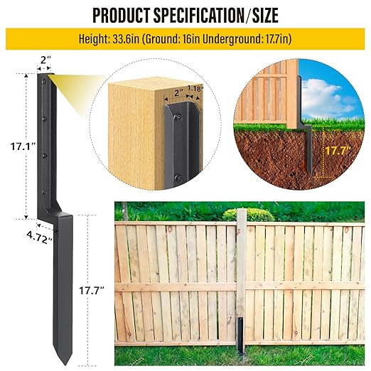 Epcee Heavy Duty Steel Fence Post Repair Stakes, Fence Post Anchor Ground Spike, for Repair Tilted/Broken Wood (6 Pack/Black