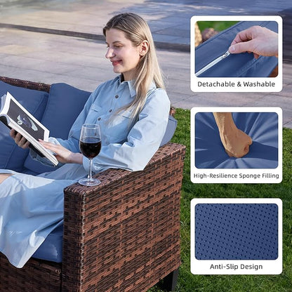 UDPATIO Patio Furniture Set with Fire Pit Table and Swivel Rocking Chairs, 6 Pieces Outdoor Wicker Furniture Set with Waterproof Cover, 4'' Thickened Cushion, Navy