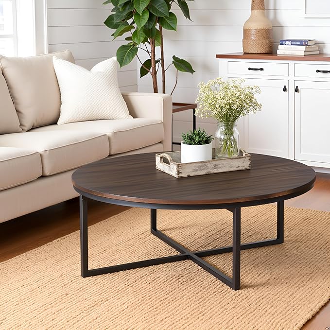 Alaterre Furniture Arcadia 42-Inch Round Acacia Wood Coffee Table – Industrial Living Room Table with Antiqued Mocha Finish and Metal Sled Legs – Ideal Centerpiece for Sectionals and Sofas