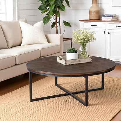 Alaterre Furniture Arcadia 42-Inch Round Acacia Wood Coffee Table – Industrial Living Room Table with Antiqued Mocha Finish and Metal Sled Legs – Ideal Centerpiece for Sectionals and Sofas