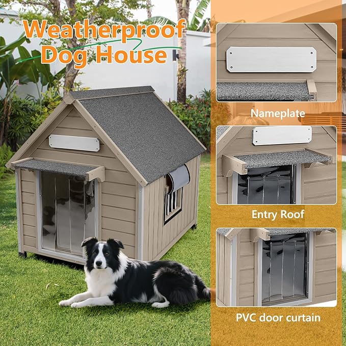 Large Dog House Indoor Outdoor with Window, Doghouse Kennel Shelter with Anti-Chewing Iron Frame for Medium to Small Dogs, Easy Assemble(37.4" W*30.5" L*39.3" H)