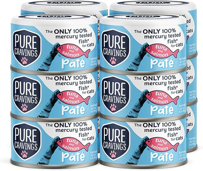 Pure Cravings Tuna and Salmon Pate, Canned Wet Cat Food, 100% Mercury-Tested, Moist Can Fish, Grain-Free Protein, Non-GMO, 12 Pack