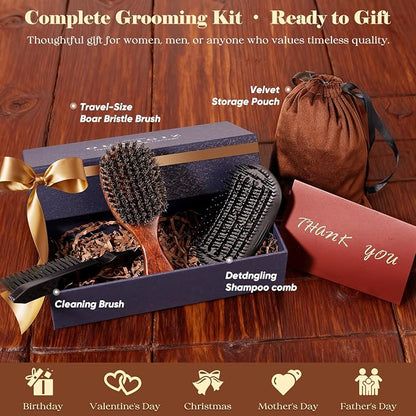 Small 100% Boar Bristle Hair Brush Since 1965 British Craftsmanship | Handmade Natural Wooden Travel Hairbrush/Beard Brush, Soft Bristles Gentle Smoothing Women Men Kids Thin Fine Hair, Portable