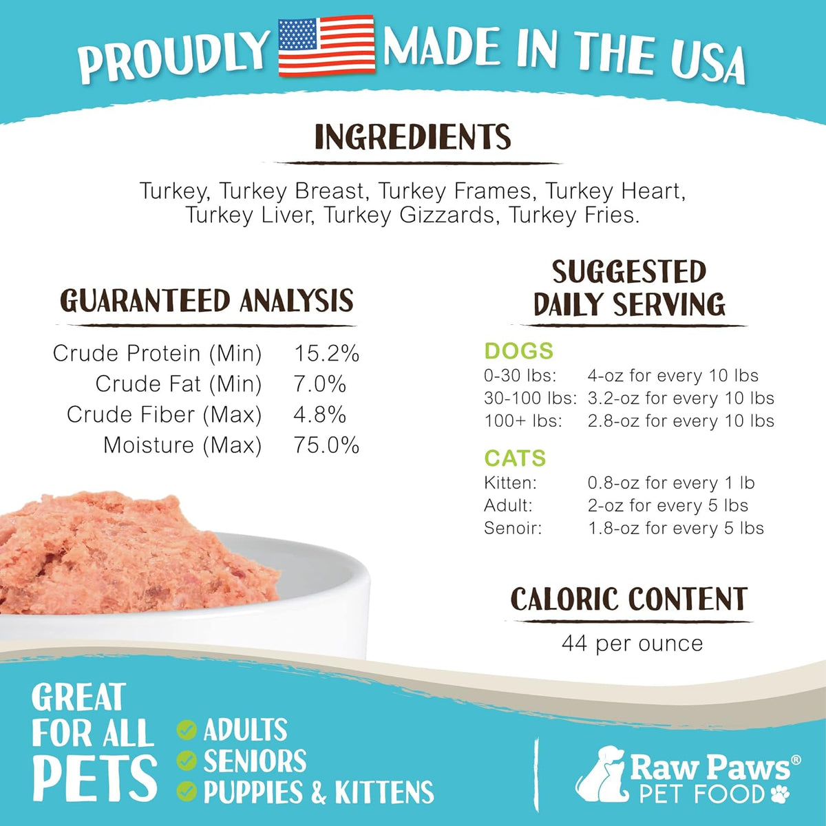 Raw Paws Signature Blend Pet Food for Dogs & Cats - Turkey Recipe, 1-lb Rolls (10 Pack) - Made in USA Frozen Turkey Roll Dog Food - Refrigerated Log Dog Food - Raw Frozen Food for Dogs