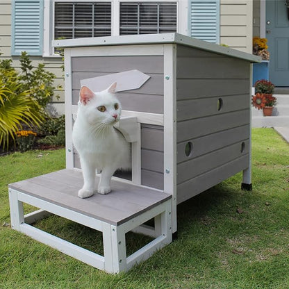 Rockever Outdoor Cat House, Large Outdoor Houses for Feral Cats with Self-Warming Mat Wooden Outside Cat Shelter Weatherproof with Escape Door