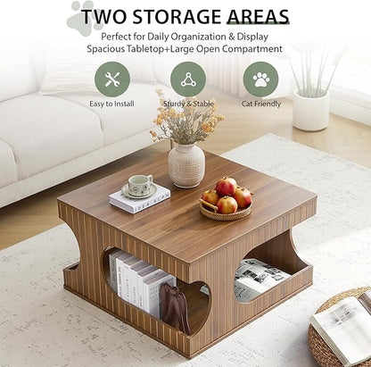 weselon 31.5" Square Coffee Table with Storage, Mid-Century Modern Center Table with Arched Cutouts and Carved Lines, 2-Tier Tea Table for Living Room, Cat-Friendly Base (Walnut)