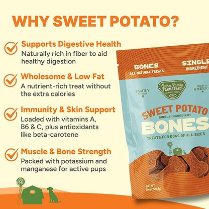 Gaines Family Farmstead Sweet Potato Dog Bones 4 Pack – 32 oz Bags, All-Natural, Single Ingredient, Grain-Free Dog Treats for Digestive Health, Training & Rewards – High-Fiber, Made in USA