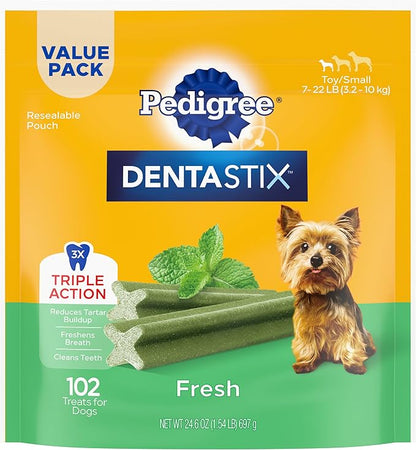 Pedigree Dentastix Small and Toy Breed Dog Treats, Fresh Flavor, 1.54 lb. Bag (102 Treats)