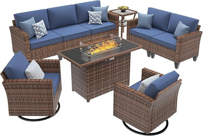 UDPATIO Patio Furniture Set with Fire Pit Table and Swivel Rocking Chairs, 6 Pieces Outdoor Wicker Furniture Set with Waterproof Cover, 4'' Thickened Cushion, Navy