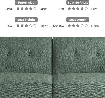 89” Futon Sofa Bed,Comfy Futon Couch Bed with 2 Square Pillows,Convertible Sleeper Sofa with Adjustable Backrest& Armrests, Modern Loveseat Sleeper for Living Room, Bedroom, Linen Green