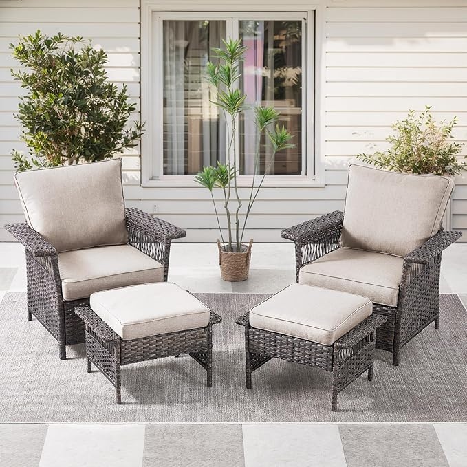4 Pieces Wicker Patio Furniture Set - Hollow Widen Armrests Comfy Outdoor Rattan Chairs with Ottomans, Small Patio Convention Set for Balcony Porch Deck and Yard - Brown/Beige
