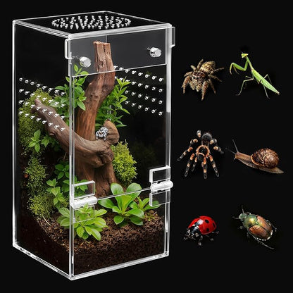 AZV Jumping Spider Enclosure Escape Proof Praying Mantis Habitat Arboreal Tarantula Terrarium with Magnetic Opening Door Baby Spider House Fully Transparent Acrylic Reptile Tank Insect Cage Bug Cribs