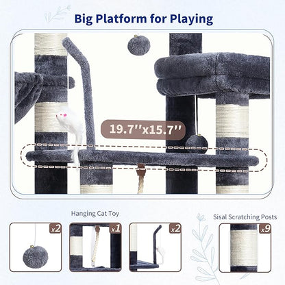Gitelsnour Cat Tree, Cat Tower for Large Cats with 2 Big Platforms, 2 Baskets, condo and Toys, 63" Cat Scratching Posts for Indoor Cats, Smoky Gray GCT020G