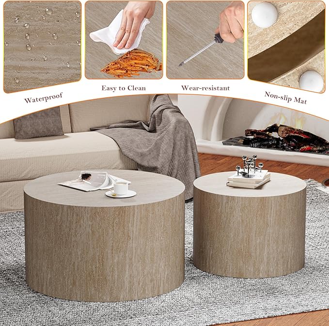 Round Travertine Coffee Table Set of 2 Modern Stripe Circle Nesting Side Tables No Assembly for Living Room Balcony Yard (E-26.77+19.7in)