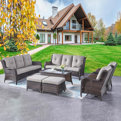Rilyson Wicker Patio Furniture Sofa Set - 7 Piece Rattan Outdoor Patio Sectional Conversation Sets with 2 Sofa,2 Armrest Chairs,1 Coffee Table and 2 Ottomans for Porch Deck Garden(Brown/Grey)